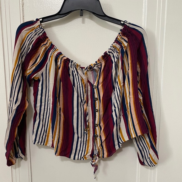 Cute Off The Shoulder Long Sleeve Stripped Shirt - Picture 1 of 3